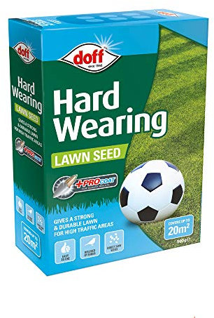 Doff Hardwearing Lawn Seed Plus Procoat – 500g Grass Seed for Gardens – 100% Coated Seed - Hard-Wearing & Durable Green Grass Year-Around Growth - Bird-Resistant