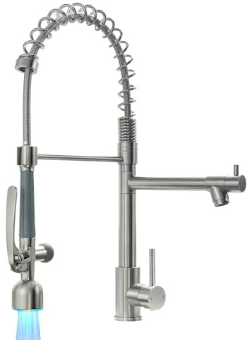 Fapully Commercial Single Handle Pull Down Sprayer Brushed Nickel Kitchen Faucet, Kitchen Sink Faucet with LED Light