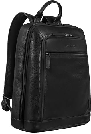 STILORD 'Watson' Laptop Rucksack 15.6 Zoll Leder Backpack Business Lederrucksack Herren Rucksack XL für Breite DIN A4 Ordner Tagesrucksack Vintage Echtleder, Farbe:obsidian schwarz