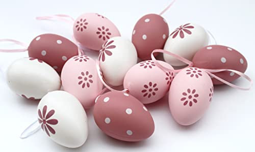 LB H&F 12er Set Ostereier Plastik zum aufhängen Rosa Weiß Pastell Osterdeko Ostern Deko Größe: 6cm (Pastell)