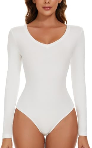 SLIMBELLE Damen Body Langarm V-Ausschnitt Langärmelige Bodysuit Elegant Sexy Langarmbody Oberteil Bustier Schmal Bodysuits Tops Bodys für Damen