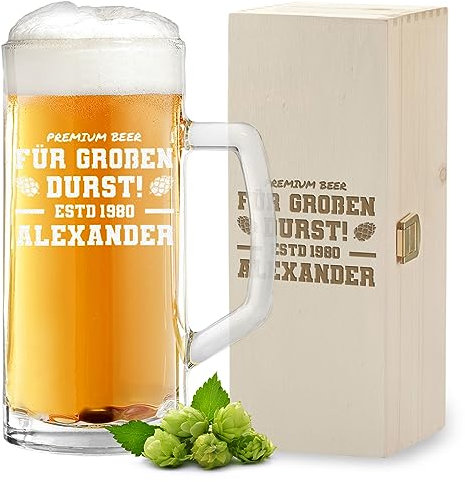 polar-effekt 2-TLG Geschenk-Set Bierkrug 0,5 Liter und Holzkiste zum Geburtstag mit Gravur - Bierseidel Vatertagsgeschenk - Bierglas zum Jubiläum mit Füllstrich - für Papa, Opa und Freund