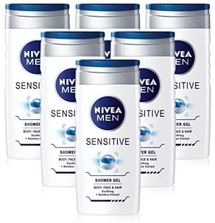 X6 Mens Nivea Body Wash Sensitive Shower Gel – Body Face and Hair 250 ml Alcohol Free…