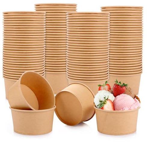 WOPPLXY 100 Stück Eisbecher Pappe, 450 ml Suppenbecher to Go, Speisebecher Pappe aus Kraftpapier für Eisbecher, Dessert, Gefrorenen Joghurt, Suppe, Salat (Braun)