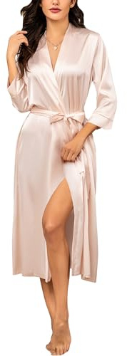 Ekouaer Lång kimono satin morgonrock för kvinnor med bälte, Champagne, S