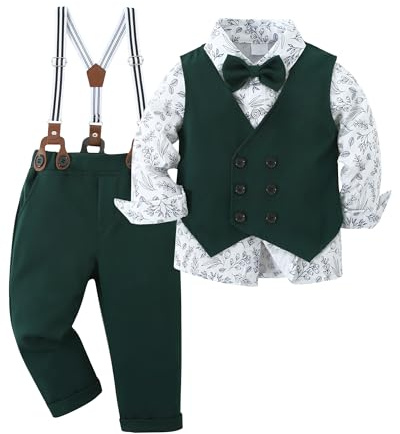 Amissz Garçon Gentleman Vêtements Ensembles 8-9 Ans, Enfant Mariage Baptême Tenue Costume Haut Chemise+Gilet+Pantalon+Nœud Papillon, Vert