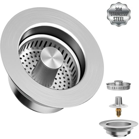 3 in 1 Kitchen Sink Strainer and Drain Stopper Combo, Upgraded Stainless Steel Drain Basket with Brass Pop-Up Bounce Core and Double Seal Sink Stopper, Replacement for US Standard 3-1/2 inch Drain
