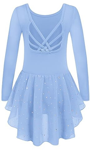 Arshiner Ballettkleidung Mädchen Ballettkleid Langarm Ballett Trikot Ballettrock Kinder Ballettanzug Rückenfrei Tanzkleid mit Tutu Blau 150/7-8 Jahre