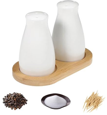 2PCS Ceramic Salt and Pepper Shakers Set, with Wooden Tray, for Farmhouse Kitchen Table, 85ml/8.5x3x5cm