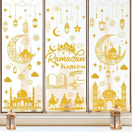 9 ark Ramadan, dekorativa fönsterklistermärken, Eid Mubarak-klistermärken, dekoration, Ramadan Kareem, fönsterbilder, halvmåne och stjärnor, Al-Fitr, självhäftande fönsterdekoration för islam,