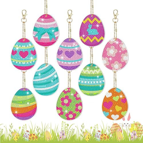 Scinzene 10 Stück Diamond Painting Ostern, Diamond Painting Frühling, Diamond Painting Anhänger, Diamond Painting Schlüsselanhänger, Diamond Painting Kinder, Diamond Painting Ostern Doppelseitig