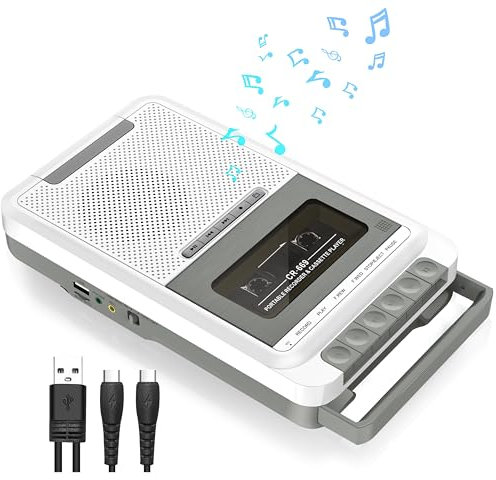 Grabador de casete portátil con reproductor de cassette, grabación en casetes, tarjeta USB/SD a través de micrófono, casete para música MP3 a través de USB/tarjeta SD/PC, grabadora de cassette con