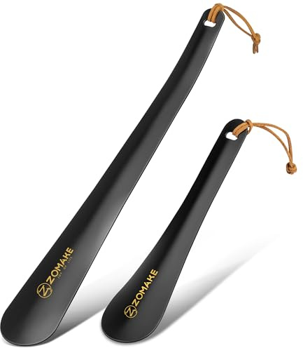 ZOMAKE Shoe Horn Long Handled, 30CM Long Shoehorn Metal for Men Women Elderly Seniors, 19CM Small Shoe Spoon Helper Football Boot Horn with Rope (19cm+30cm Black)