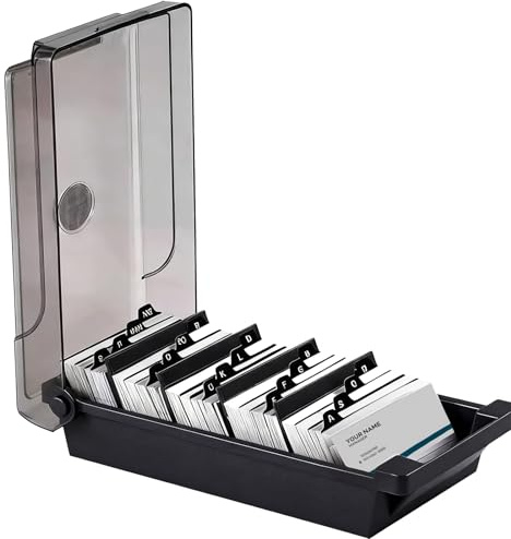 JOLYLINT Caja para tarjetas de visita, 500 tarjetas, color gris, caja de almacenamiento para tarjetas de visita con 4 placas divisorias y pestañas de índice A-Z, organizador de tarjetas de visita