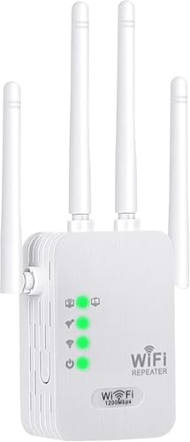 Repetidor WiFi Potente Amplificador de señal WiFi 1200Mbps,4 Antenas,2 Puertos LAN,Modo Repetidor/Router/Ap,Cobertura 360° de hasta 1000 m²,Adecuado para Oficinas y Casa,Fácil de Instalar