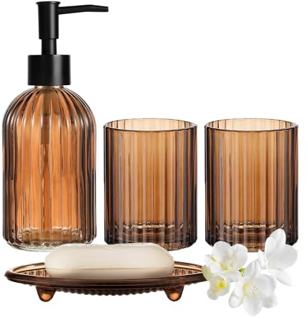 Juego completo de accesorios de baño marrón, juego completo de vidrio, que incluye dispensador de jabón, soporte para cepillo de dientes, vaso para enjuague bucal y jabonera para decoración del baño y