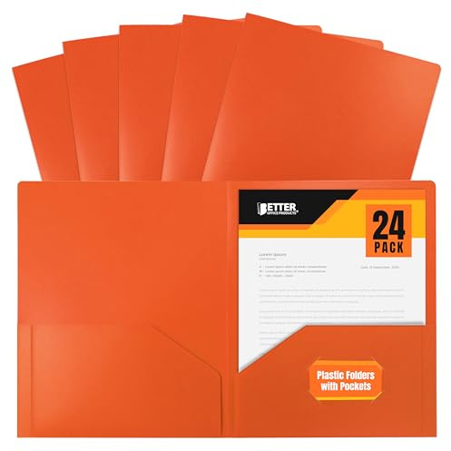 Better Office Products Heavyweight Plastic 2 Pocket Portfolio Folder, Letter Size Poly Folders 24 Pack (Orange)