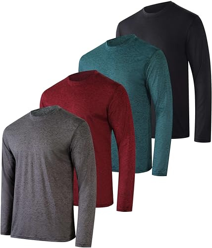 Real Essentials 4 Pack: Mens Long Sleeve Dry Fit T Shirts Hiking Fishing Workout Gym Work Sun UPF 50 Wicking Running Tee, Set 2, Large