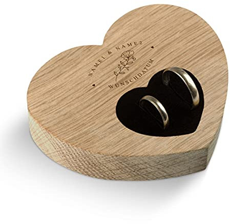 Hochzeit Ringkissen Herz Ringhalter individuell Namen 10 x 8,5 cm Eichenholz - Blume