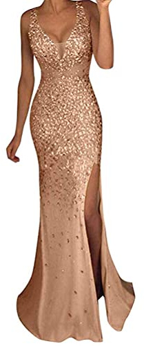 Minetom Femme Élégante Col V Robe à Paillettes sans Manches Longue Maxi Robe de Soirée Mariage Cocktail Demoiselle d'honneur A Or XS