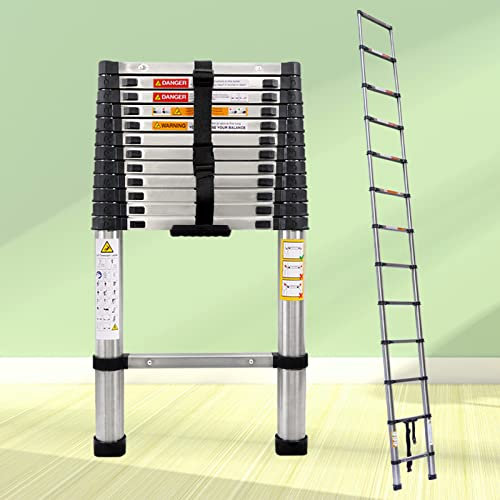 Newest Extension Telescoping Ladder 12.5FT Stainless Steel Straight for Home Roof Indoor Outdoor - Compact Heavy Duty Easy to Store for Roofing Business Household RV Use