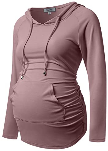 GINKANA Maternity Casual Hoodie Long Sleeve Tops with Pocket Drawstring Maternity Lighthweight Sweatshirt,Mauve,XL