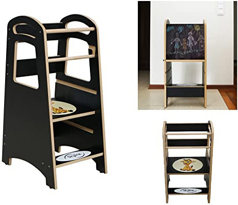 Skyline Steh und Lernturm Baby ab 1 Jahr Montessori Learning Tower Höhenverstellbar Tritthocker Kinder Indoor Möbel Kinderzimmer Trittschemel Kitchen Helper Hochstuhl mit Tafel Board (Schwarz/Giraffe)