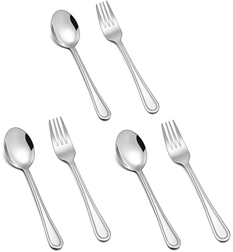 TeamFar Toddler Utensils, Stainless Steel Toddler Silverware Small Kid Cutlery Set for Self-Feeding, with Line Patterned Edge, Healthy & Non Toxic, Mirror Surface & Dishwasher Safe–3 Forks + 3 Spoons