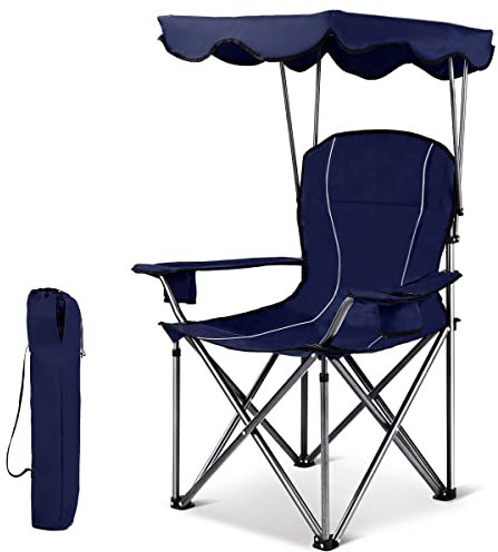 KOMFOTTEU Chaise de Camping Pliable avec Baldaquin & Porte-gobelet - Plage et Pêche avec Sac de Rangement, Charge Maximum de 130 kg (Bleu)