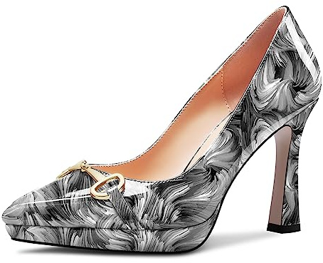 Castamere Femmes Haut High Plate-Forme Talon Heel Pointu Bout Slip-on Chaîne Métal Escarpins Mariage Bureau Décontracté 10 CM Heels Gris Vortex 38 EU