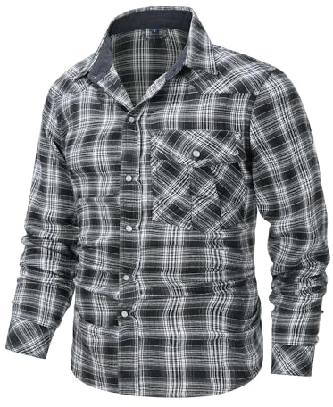 Mr.Stream Chemise à carreaux en flanelle à manches longues Western Cowboy Vintage Pearl Boutons pression Chemise de travail Chemise de loisirs avec poche poitrine, gris, L