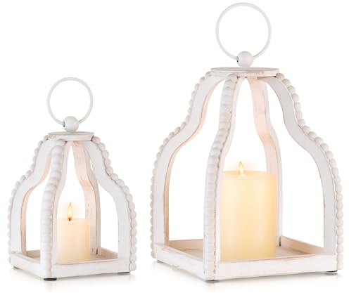 Staymoment Wood Lanterns Decorative Indoor: Farmhouse Hanging Candle Holder Set of 2 White Table Centerpiece Fireplace Mantle Shelf Rustic Home Decor Fall Decoration