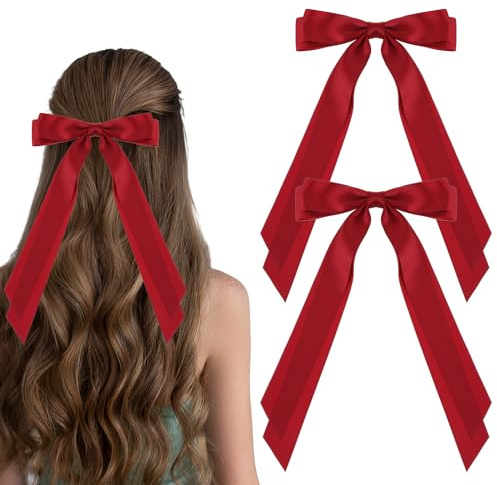 Qianyu 2 Pcs Satin Double Hair Bows Large Silky Ribbon Clip Long Tail Hair Barrettes Cute Bowknot Ponytail Holder Slides Gift for Women Girl Accessories Valentine's Day Birthday Christma(2 red)