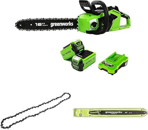 Greenworks Cordless Chainsaw with Brushless Motor, 40cm Bar Length, Two of 40V 2Ah Batteries & Charger + Greenworks 40cm Replacement Chain +Greenworks 40cm Replacement Bar