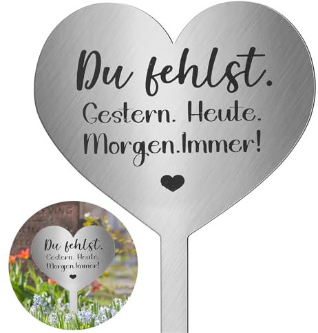 Herz Grabstecker Edelstahl Grabschmuck mit Spruch Du Fehlst. Gestern. Heute. Morgen. Immer! Herz Grabdekoration Grabgestecke Erinnerung Gedenkstätte Grabschmuck Wetterfest Urnengrab aus Edelstah