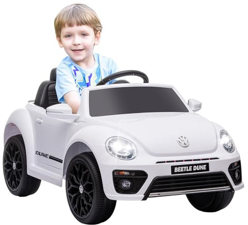 AIYAPLAY Volkswagen Beetle Licensed Ride on Car, 12V Kids Electric Car with Remote Control, 4 Spring Suspension Wheels, Soft Start, Headlights, FM Radio, Music, Horn, White