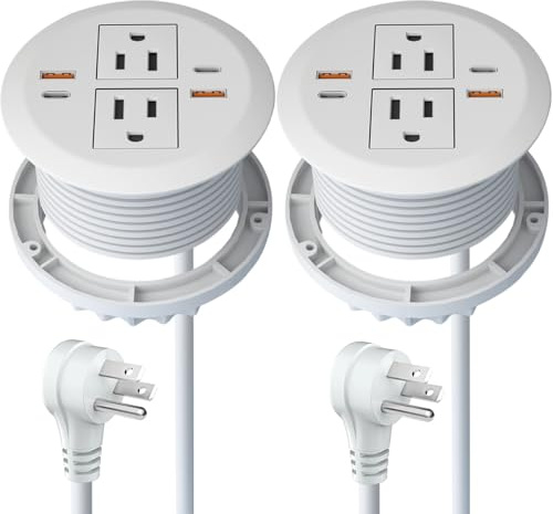 MAZZGOFOR 2pcs Desktop Power Grommet,Dual PD20W USB C,40W Total Output,4 USB Ports,Flush Mounted for 3-1/8 Desk Grommet Holes,Round Recessed Outlet,ETL-Certified,Flat Plug,6.4 ft,White
