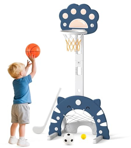 FANTASK Kit de Panier de Basket 3 en 1 pour Enfants - Hauteur réglable - avec Basket-Ball, Football, Jeu de Golf et Panier Pliable - Mini Panier de Basket pour Enfants à partir de 3 Ans (Bleu)