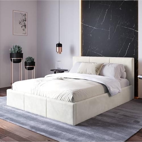 Home Collective Polsterbett, Bett mit Stauraum, Stauraumbett mit Lattenrost gepolstert Bett mit Kopfteil Doppelbett mit Bettkasten | Gasdruckfedern & Metallrahmen, Samtpolsterung | 120×200 cm | Beige