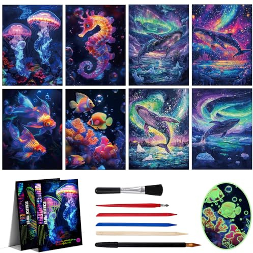XIATIAN Scratch Art Paper for Adults, 8 Sheets Glow in The Dark Scratch (A)