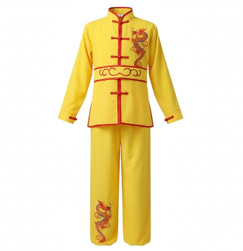 Traditional Chinese Martial Arts Uniform Dragon Embroidered Kung Fu Training Outfit for Boys and Girls (Yellow, 3-5T)