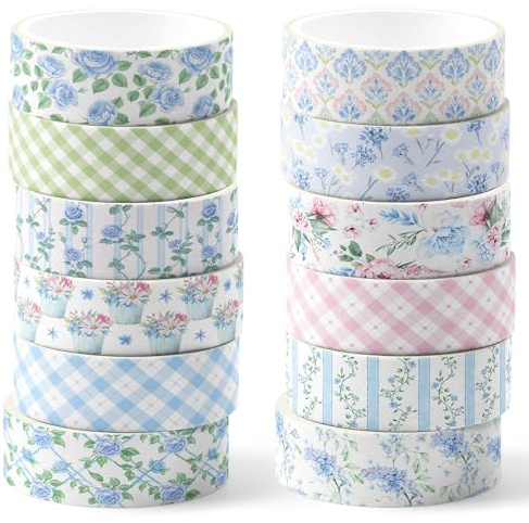 VelvetGlow 12 Rolls Watercolor Floral Washi Tape Set 15 mm Vintage Flower Decorative Masking Tape for Arts DIY Craft Scrapbook Envelope Party Supplies Gift Wrapping(Pink and Blue,Flowers)