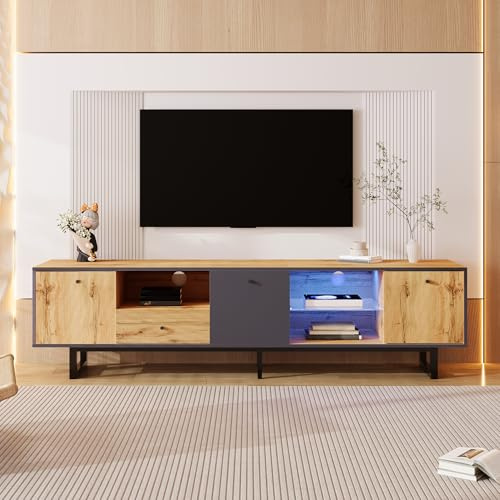 Mueble Bajo De TV Con Tablero De Partículas, Iluminación LED Integrada Y Estantes De Vidrio, Mueble Televisor Con Amplio Almacenaje, Soporte TV Para Salón Y Sala De Estar, Natural, 190x40x50 cm