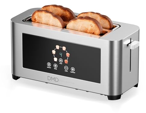 DMD Collective - 4 Slice Long Slot Toaster Stainless Steel – Extra Wide Slots, Digital Touch Control, 6 Browning Levels, Defrost Reheat & Cancel Functions, 1400W Toaster for Thick & Thin Bread