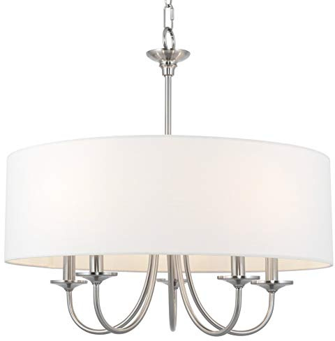 Kira Home Quinn 22 Traditional 5-Light Chandelier/Adjustable Chain Link Hanging Light + White Linen Drum Shade, Brushed Nickel Finish