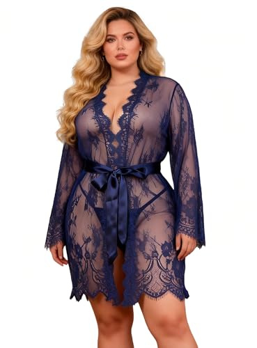 ohyeahlady Öppen kimono dam nattlinne långärmad babydoll spets med bälte badrock nattlinne