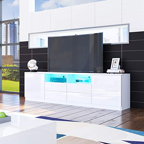 Senvoziii LED TV Stand Unit, 180cm White High Gloss TV Sideboard, White | for TVs up to 75 Inch, with 2 Doors 4 Drawers, TV Cabinets for Living Room Bedroom