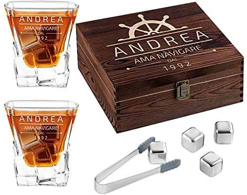 Maverton Set di Pietre da Whisky - in un cofanetto personalizzato - 8 cubetti di ghiaccio + 2 bicchieri - riutilizzabili - in granito - regalo compleanno uomo - nave