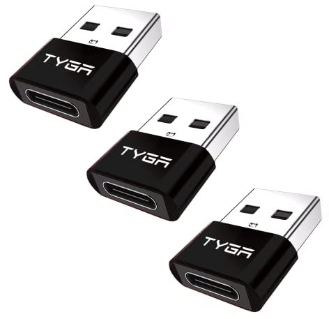 TYGA USB C to USB A Adaptor 2.0 - USB C Female to USB A Male Connector for Charging & Data Transfer, Plug-and-Play, Durable Aluminum Housing, Portable Converter for Android & IOS Devices - 3 Black