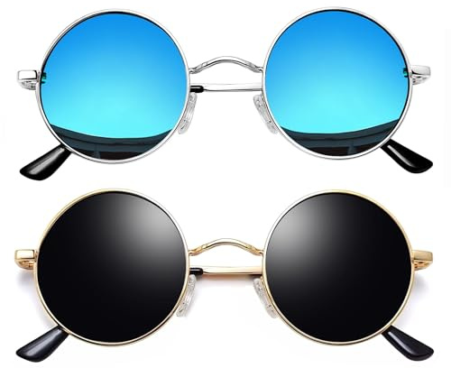 Joopin Redondas 2 Pack Gafas de Sol Hombre y Mujer Polarizadas Steampunk Vintage Hippie Círculo Metálico Sunglasses Men Women Oculos de Sol Dorado Gris & Plateado Azul